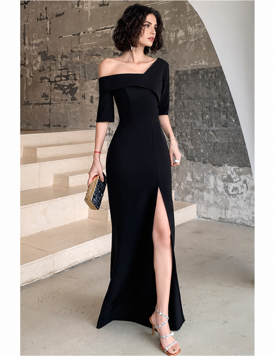 Black One-Shoulder Slit Maxi Dress