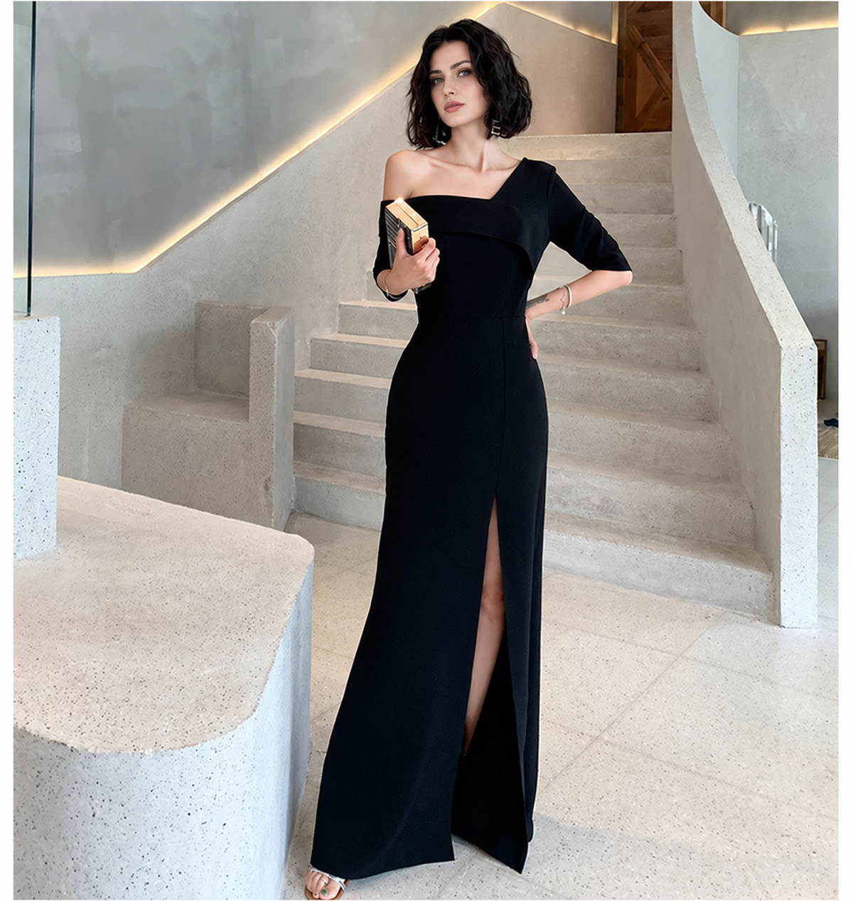 Black One-Shoulder Slit Maxi Dress - Black
