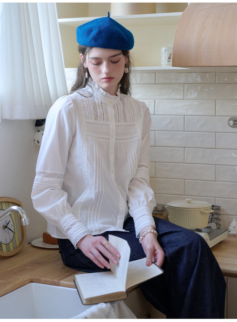 French Lace Ruffled Collar Lyocell Cotton Blouse