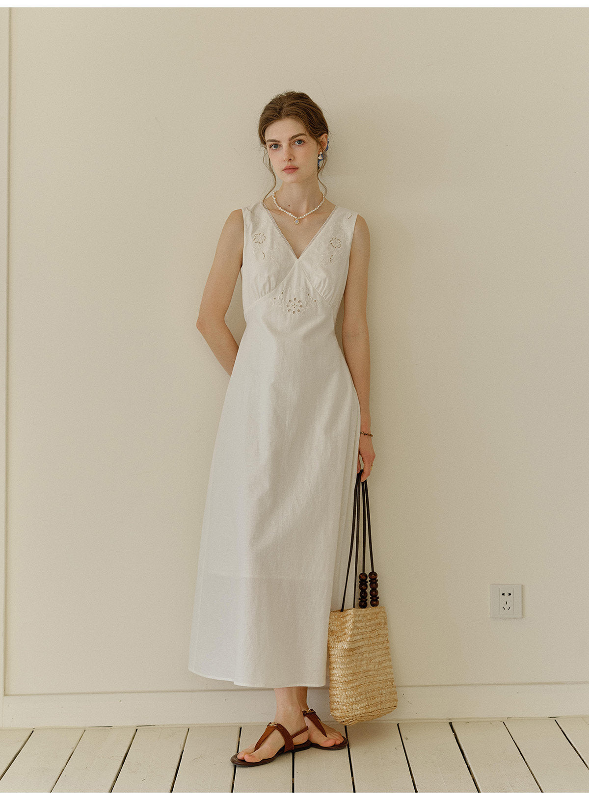 White Linen Cotton Blend Maxi Dress with Floral Embroidery for Women