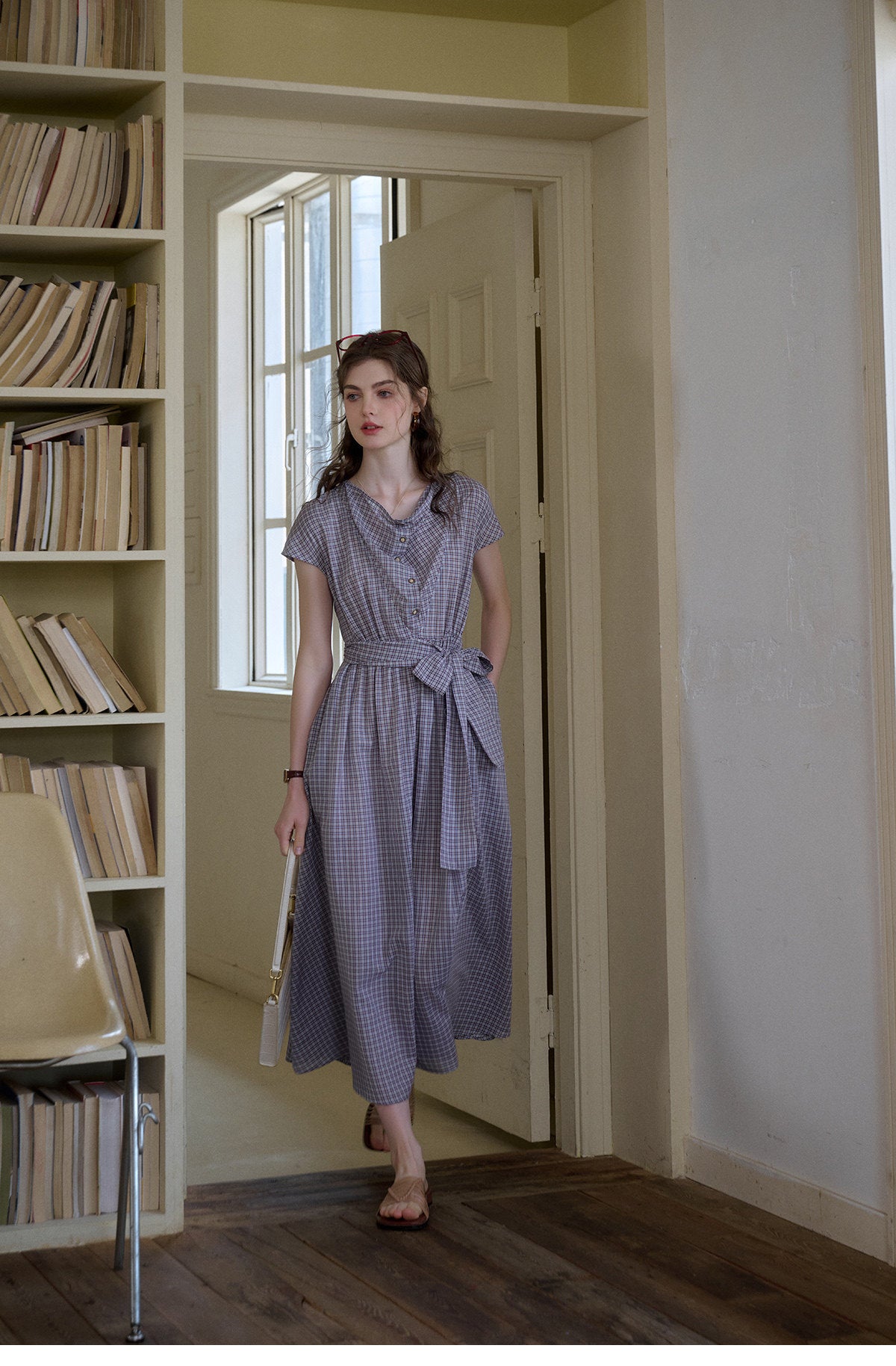 Vintage Plaid Cowl Neck Midi Dress - French Style