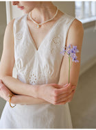 White Linen Cotton Blend Maxi Dress with Floral Embroidery for Women