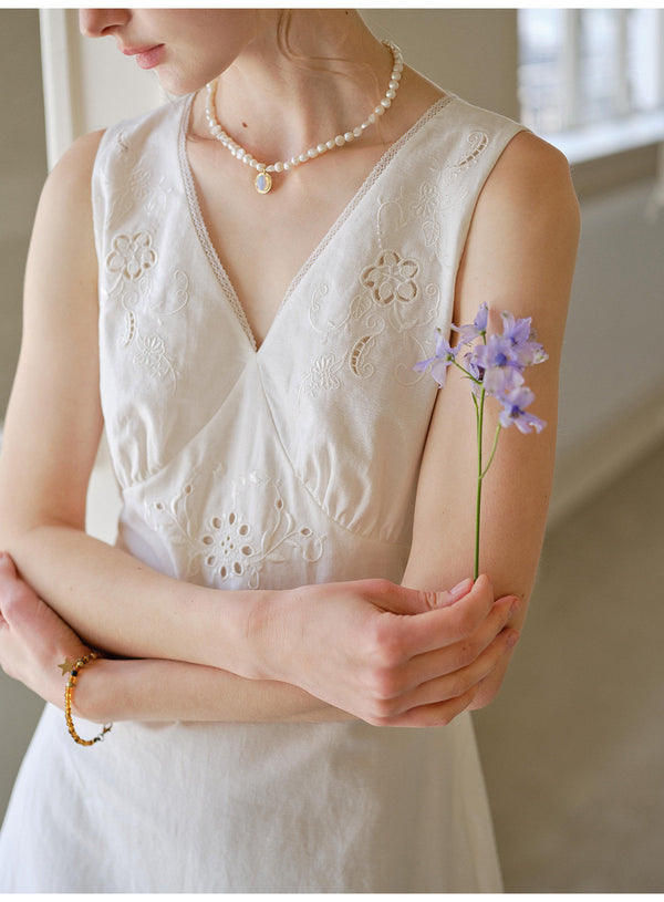 White Linen Cotton Blend Maxi Dress with Floral Embroidery for Women