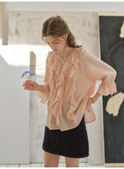 French Style Irregular Ruffle Chiffon Blouse Women 3/4 Sleeve Summer Casual Top