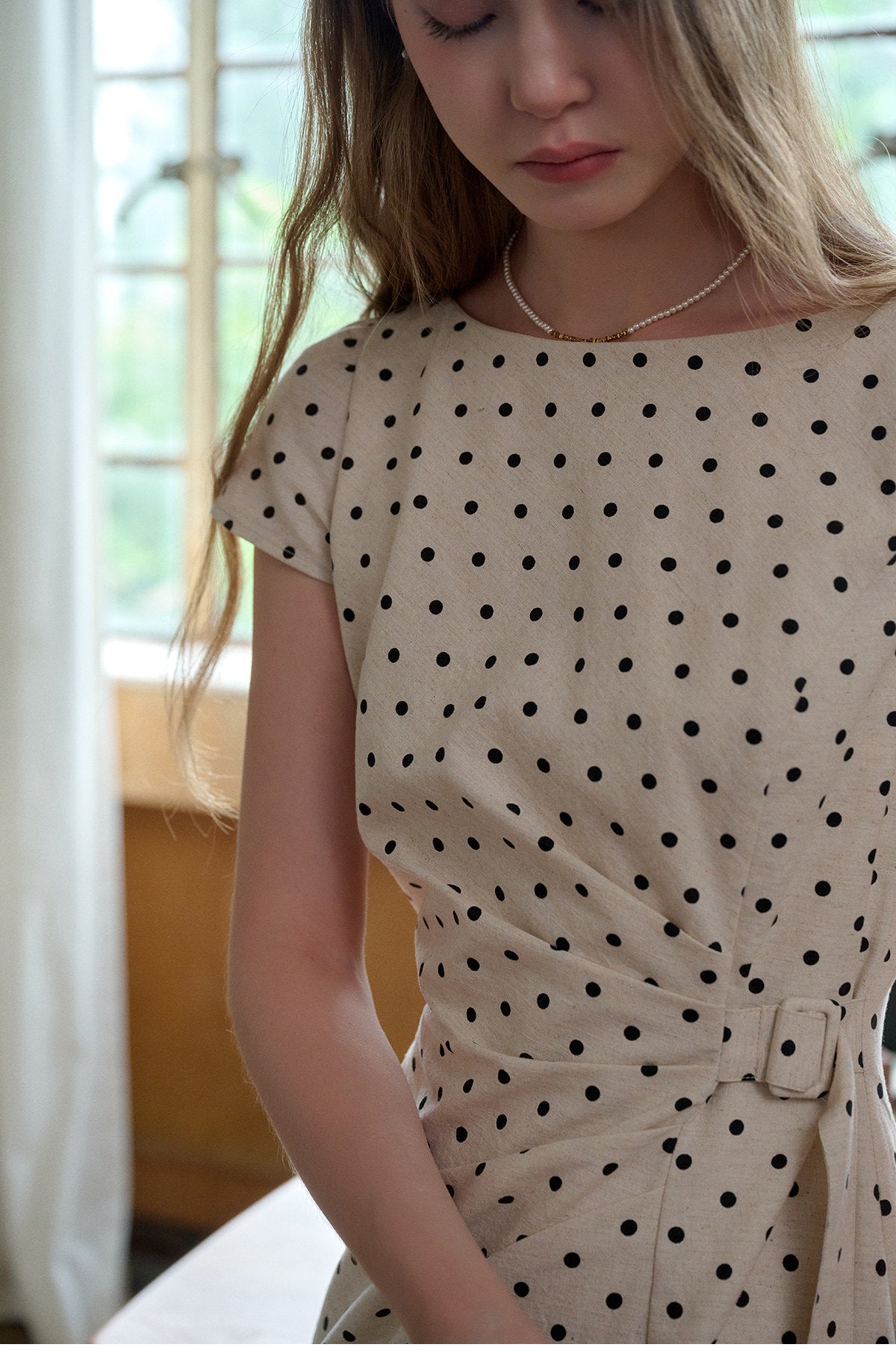 French Polka Dot Linen Blend Ruched Waist Midi Dress