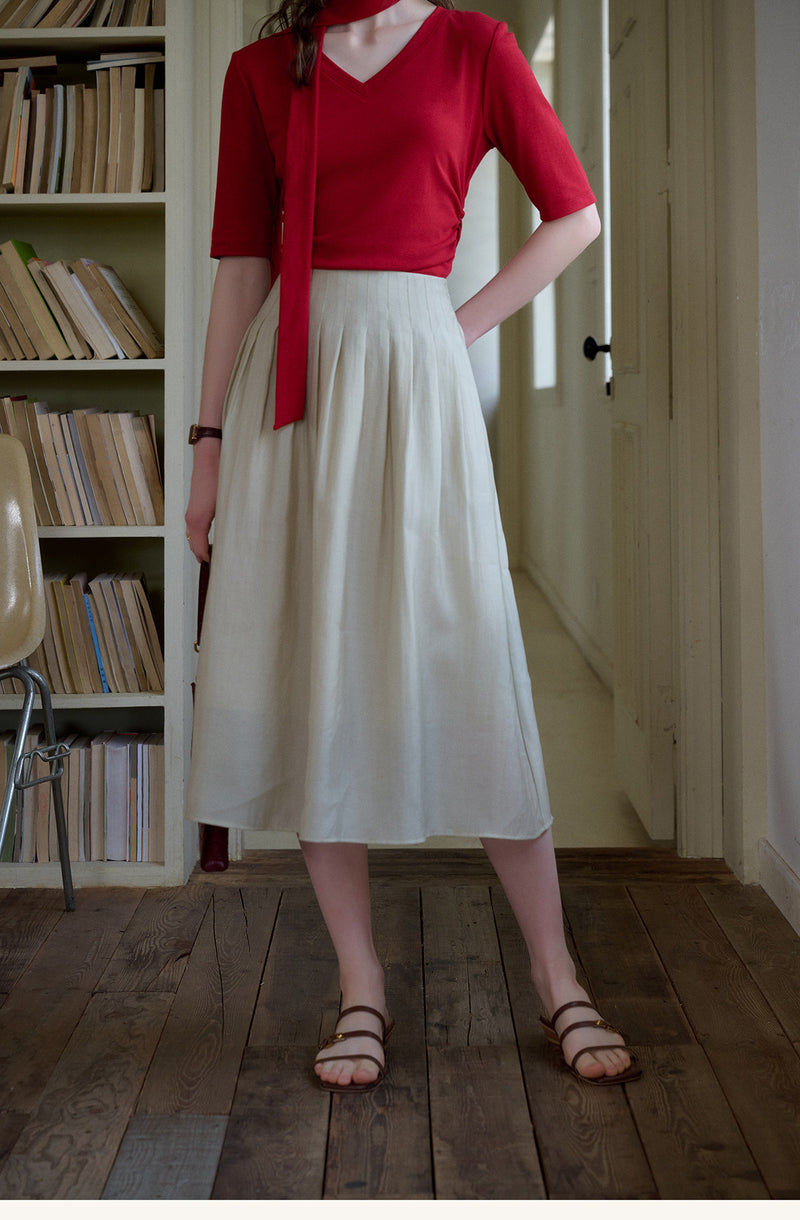 Vintage Plant Embroidered Lyocell Two-Piece Set - V-Neck Puff Sleeve Top & Midi Skirt