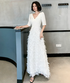 White V-Neck Fringe Short-Sleeve Maxi Dress - White