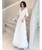 White V-Neck Fringe Short-Sleeve Maxi Dress - White