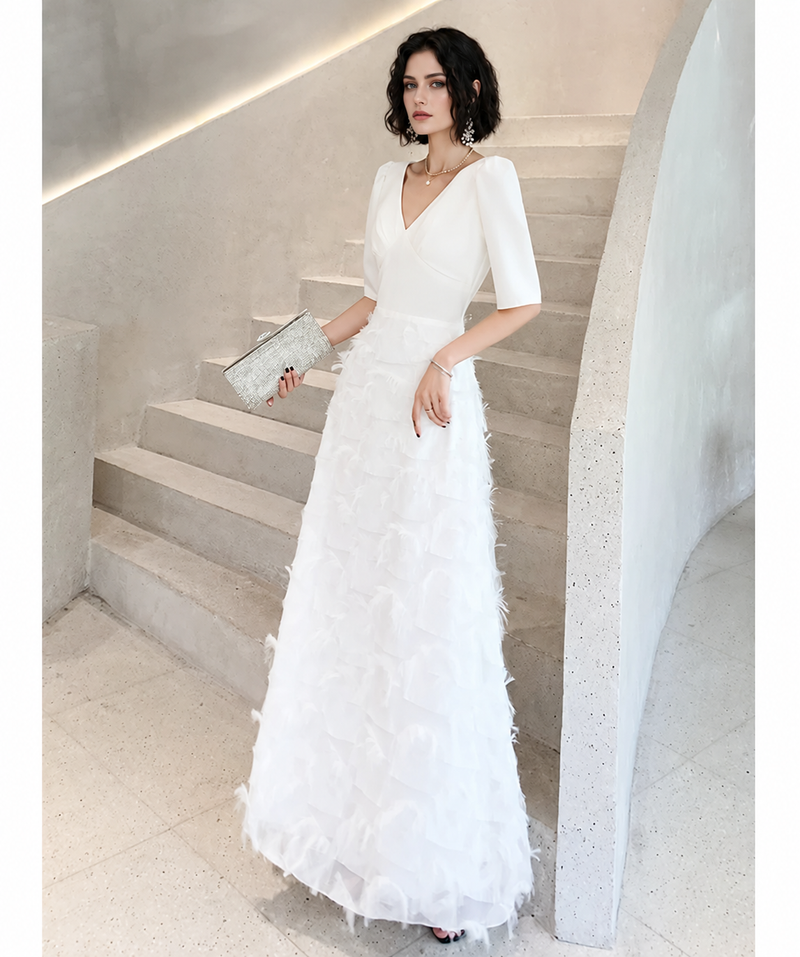 White V-Neck Fringe Short-Sleeve Maxi Dress - White