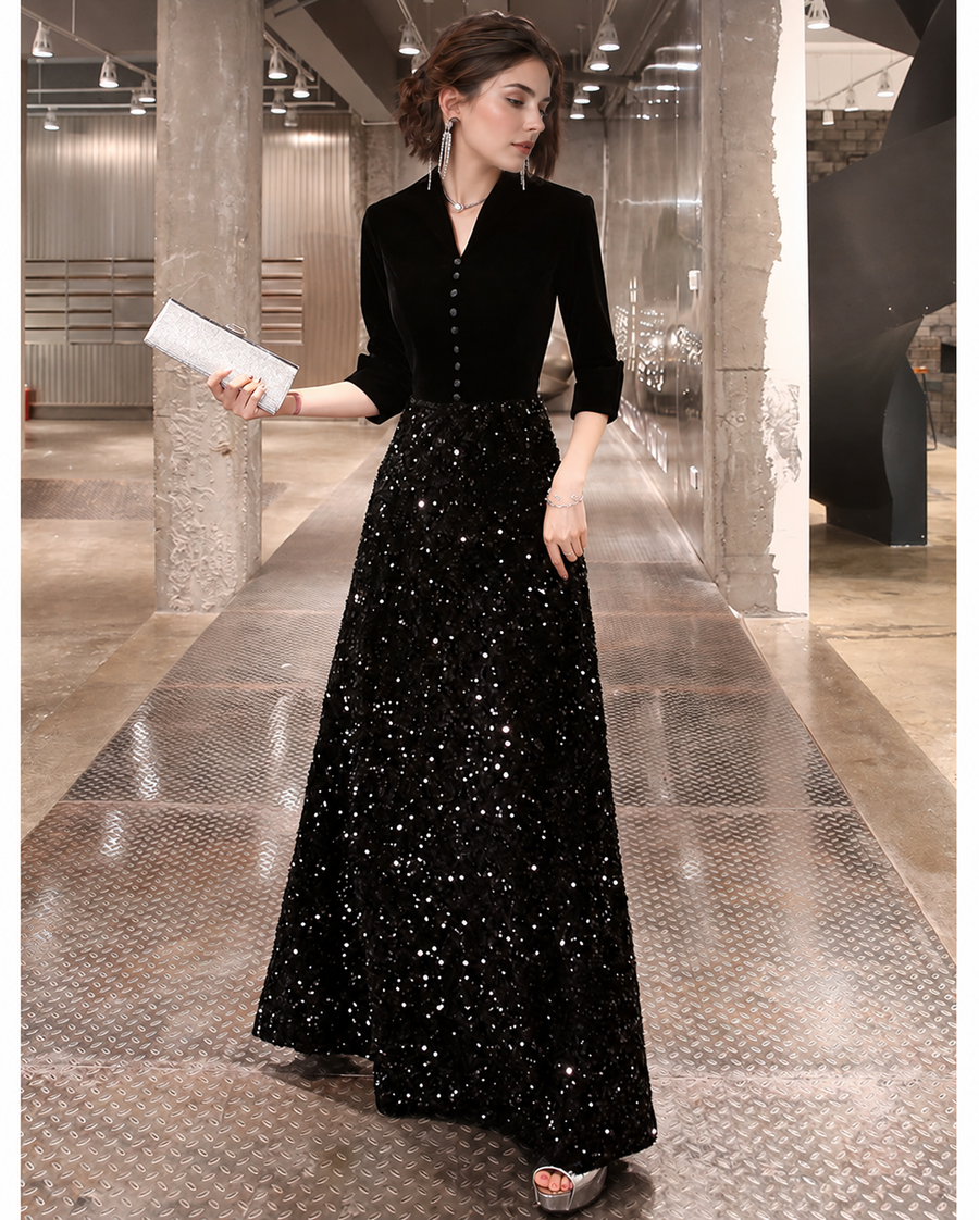 Velvet-Bodice Sequin A-Line Maxi Dress