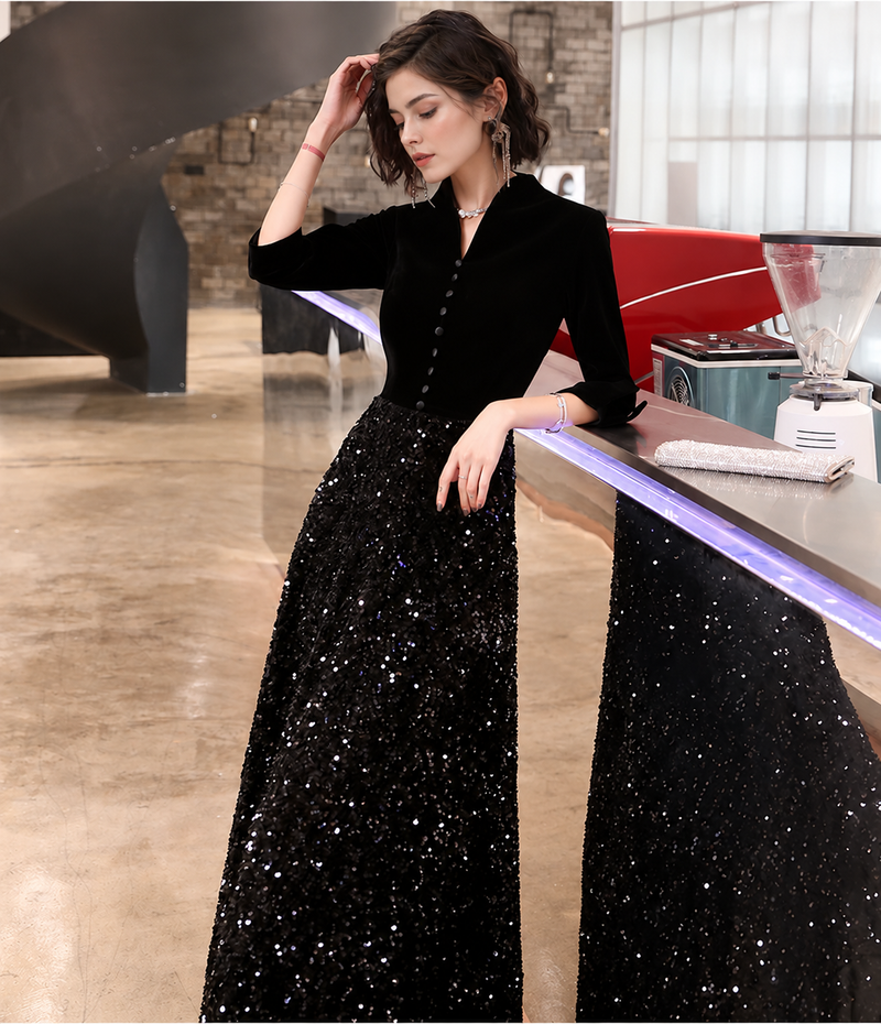 Velvet-Bodice Sequin A-Line Maxi Dress - Black