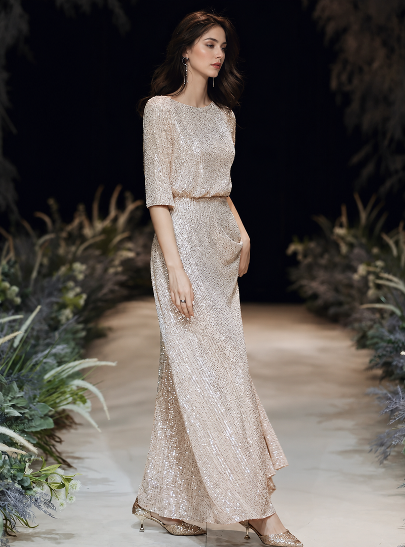 Champagne Cap-Sleeve Sequin Mermaid Maxi Dress - Champagne