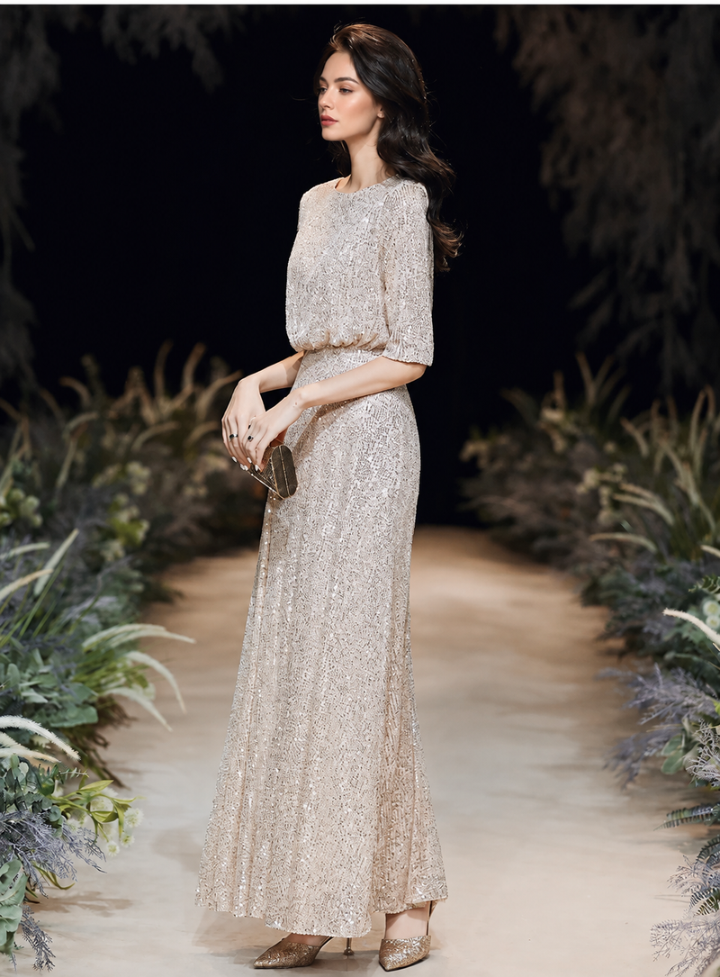 Champagne Cap-Sleeve Sequin Mermaid Maxi Dress - Champagne