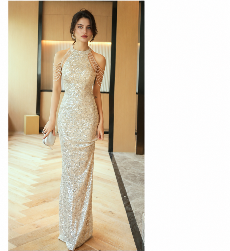 Halter Sequin Fringe Mermaid Maxi Dress - Apricot Silver