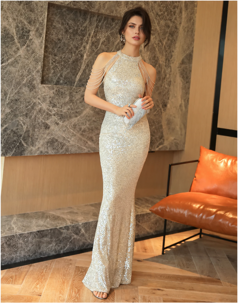 Halter Sequin Fringe Mermaid Maxi Dress - Apricot Silver