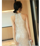 Halter Sequin Fringe Mermaid Maxi Dress - garment detail