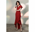 Burgundy V-Neck Wrap High-Low Dress - Burgundy / Long