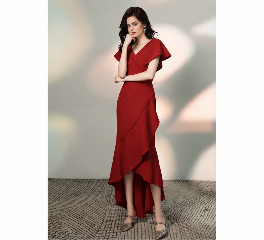 Burgundy V-Neck Wrap High-Low Dress