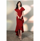 Burgundy V-Neck Wrap High-Low Dress - Burgundy / Long