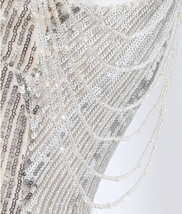 Silver Halter Beaded Tassel Mermaid Maxi Dress - garment detail