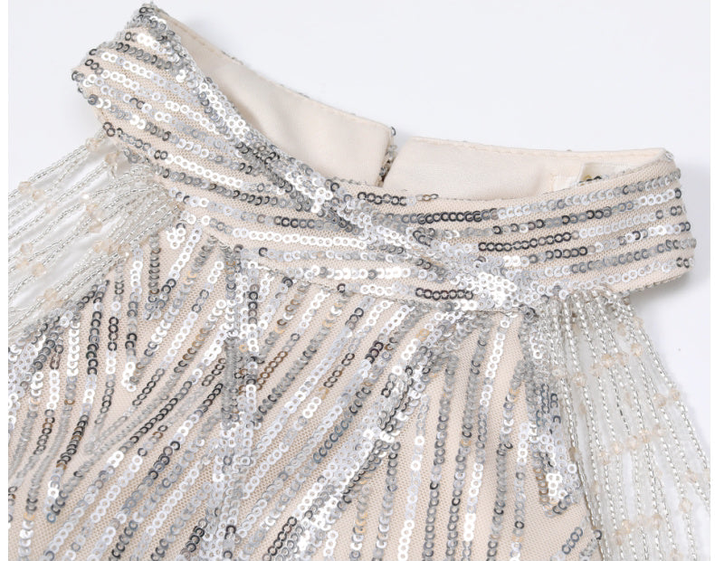 Silver Halter Beaded Tassel Mermaid Maxi Dress - garment detail