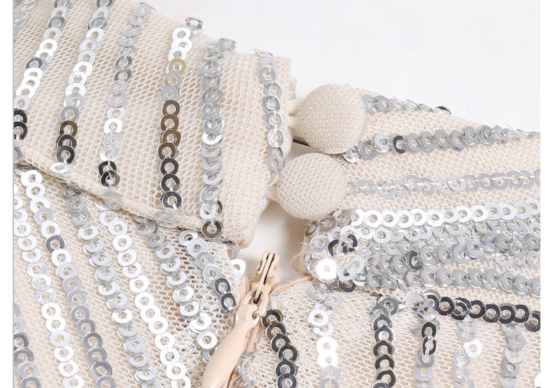 Silver Halter Beaded Tassel Mermaid Maxi Dress - garment detail
