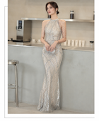 Silver Halter Beaded Tassel Mermaid Maxi Dress - Silver