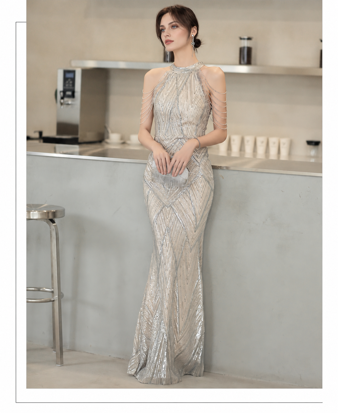 Silver Halter Beaded Tassel Mermaid Maxi Dress - Silver