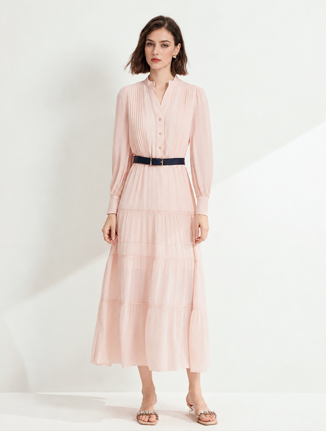 Blush Button-Front Tiered Long-Sleeve Midi Dress - Blush Pink