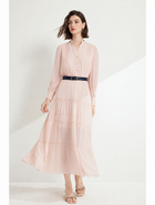 Blush Button-Front Tiered Long-Sleeve Midi Dress - Blush Pink