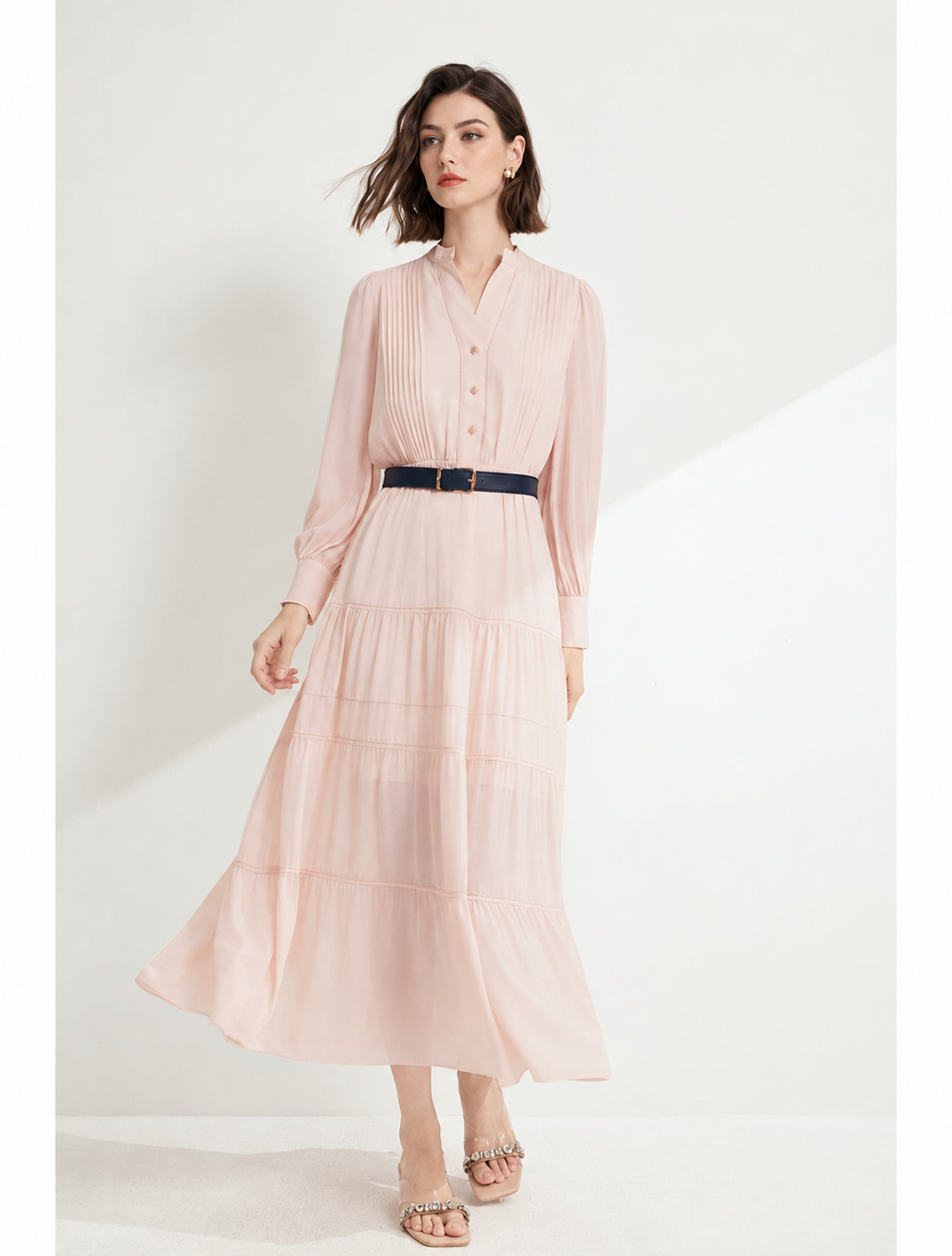 Blush Button-Front Tiered Long-Sleeve Midi Dress - Blush Pink