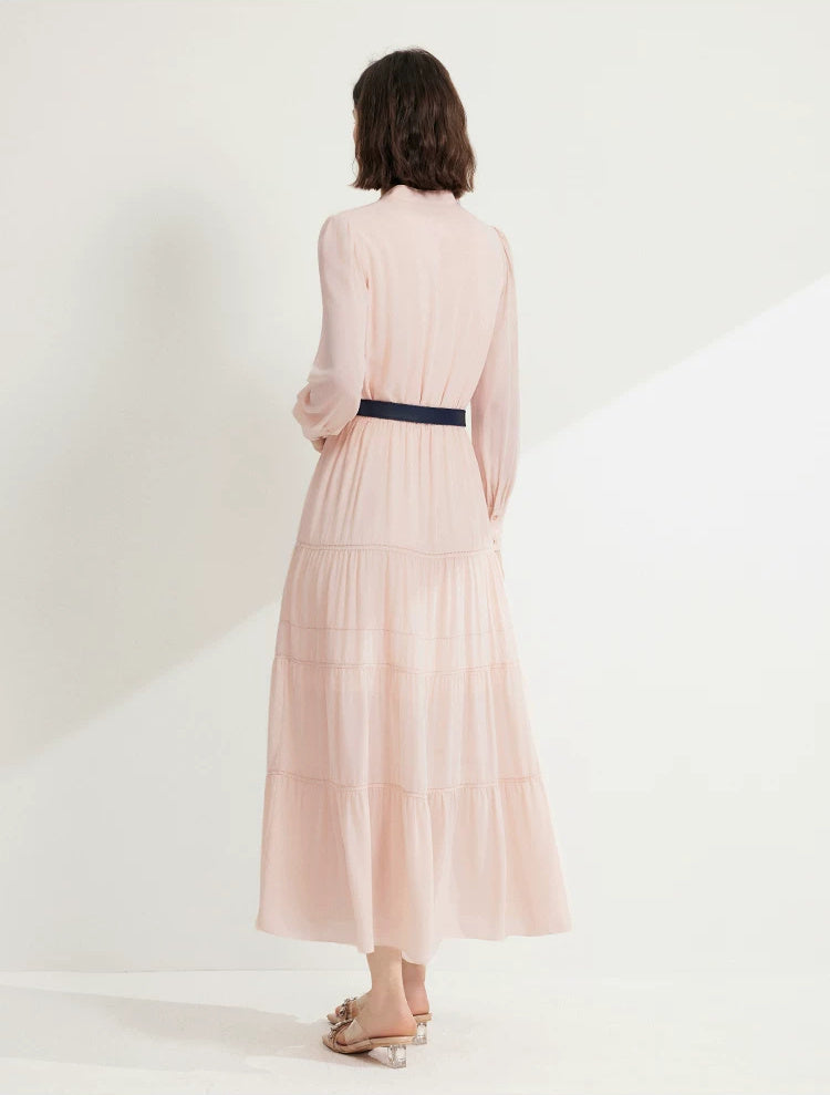 Blush Button-Front Tiered Long-Sleeve Midi Dress - garment detail