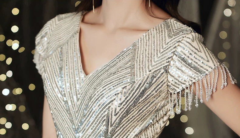 Gold V-Neck Beaded Fringe Maxi Dress - garment detail