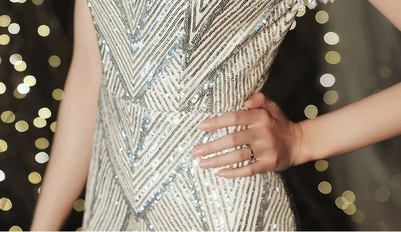 Gold V-Neck Beaded Fringe Maxi Dress - garment detail