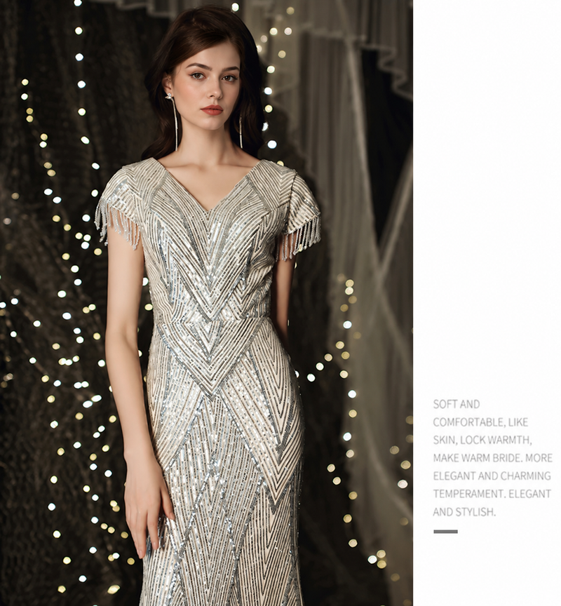 Gold V-Neck Beaded Fringe Maxi Dress - Gold