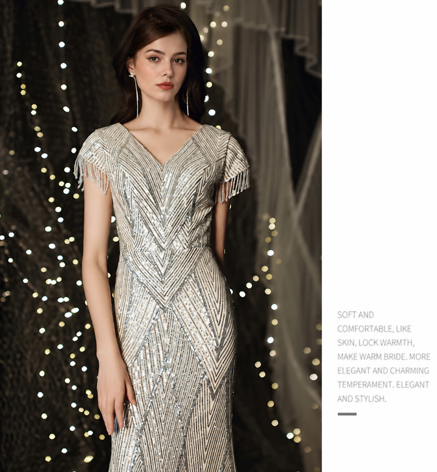 Gold V-Neck Beaded Fringe Maxi Dress