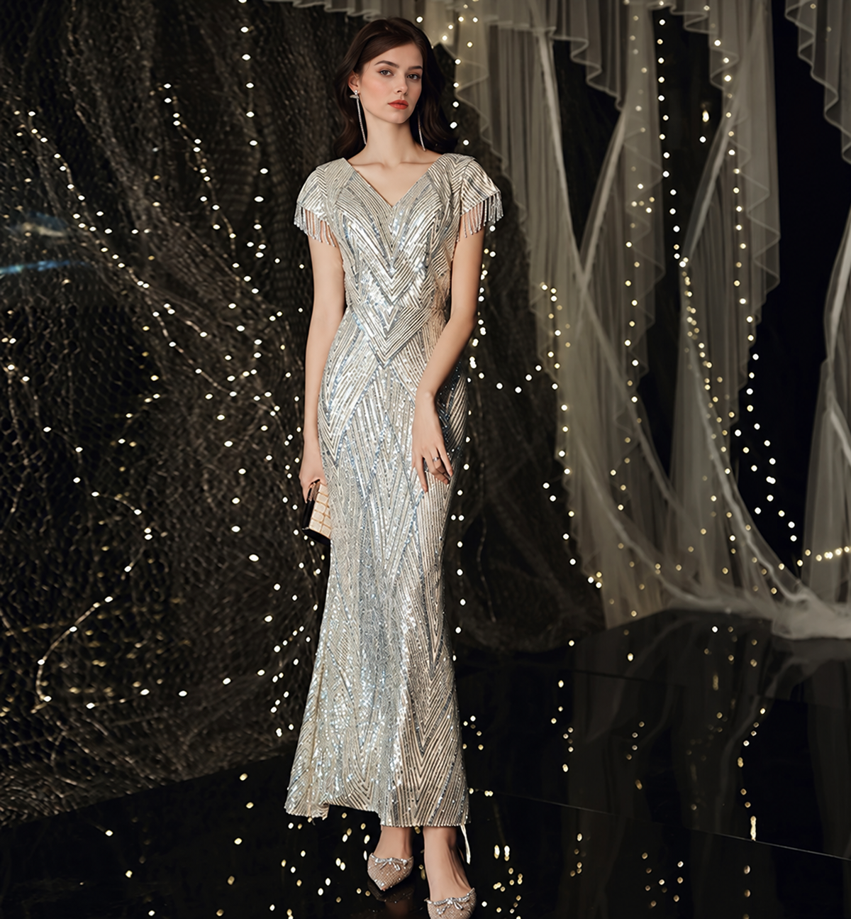 Gold V-Neck Beaded Fringe Maxi Dress - Gold