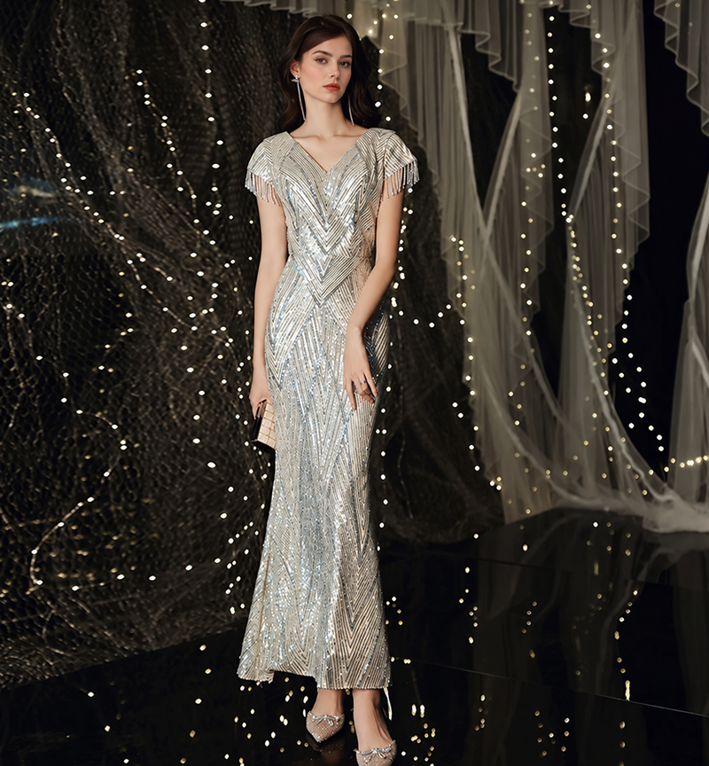 Gold V-Neck Beaded Fringe Maxi Dress - Gold