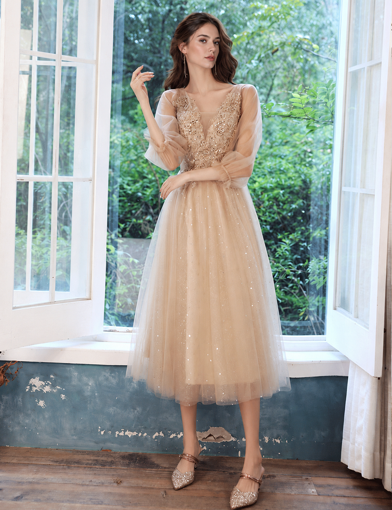 Champagne Embellished Three-Quarter-Sleeve Midi Dress - Champagne