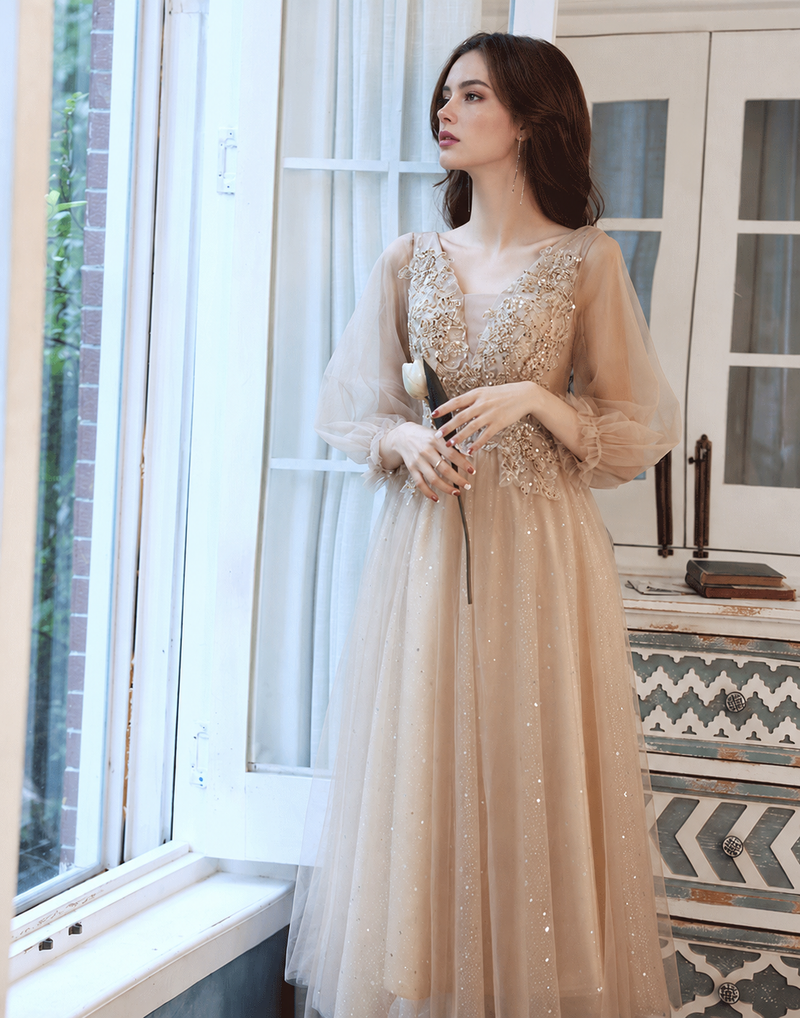 Champagne Embellished Three-Quarter-Sleeve Midi Dress - Champagne