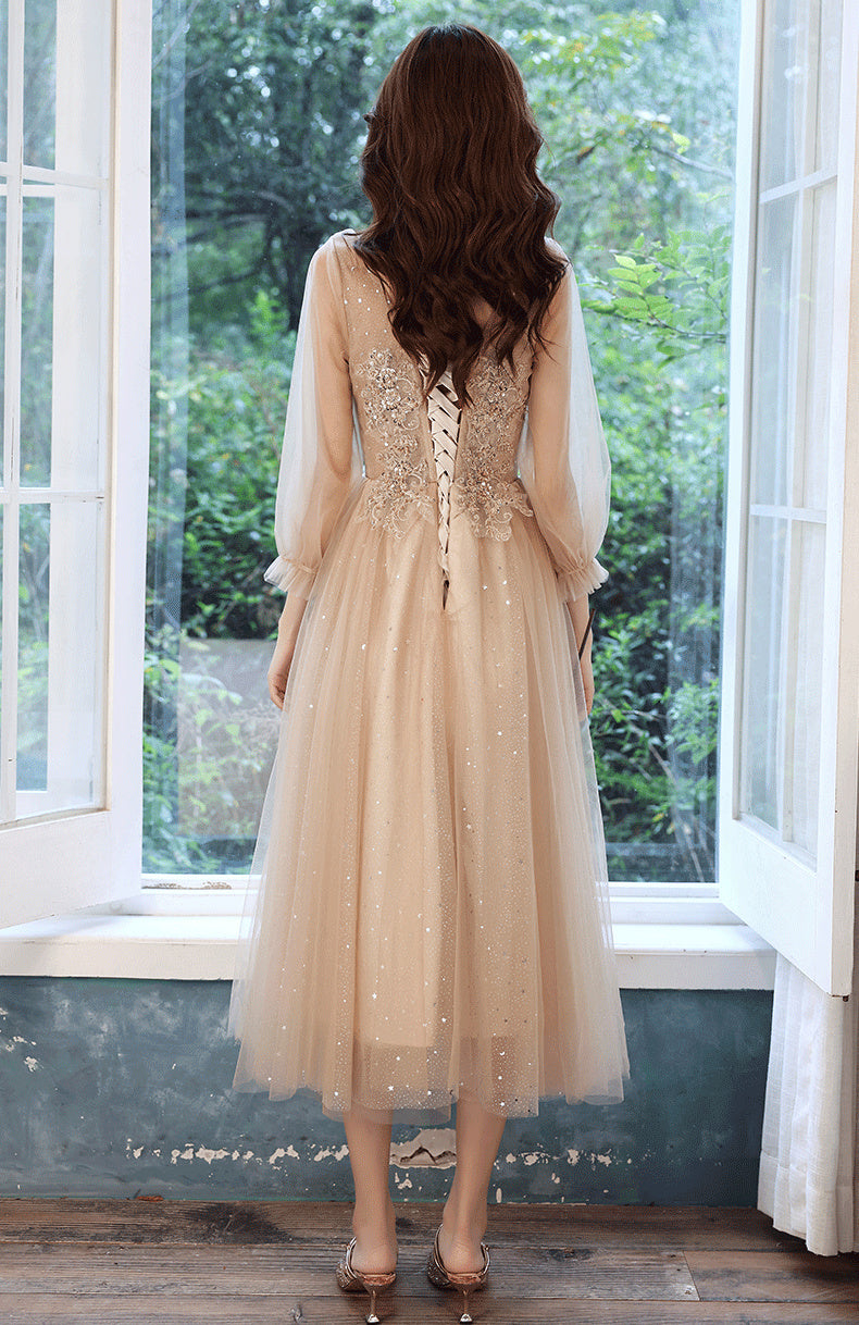 Champagne Embellished Three-Quarter-Sleeve Midi Dress - garment detail
