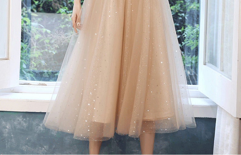 Champagne Embellished Three-Quarter-Sleeve Midi Dress - garment detail