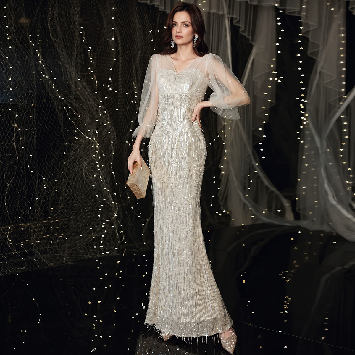 Sequin Fringe Evening Dress with Sheer Sleeves — Gold — view 1
