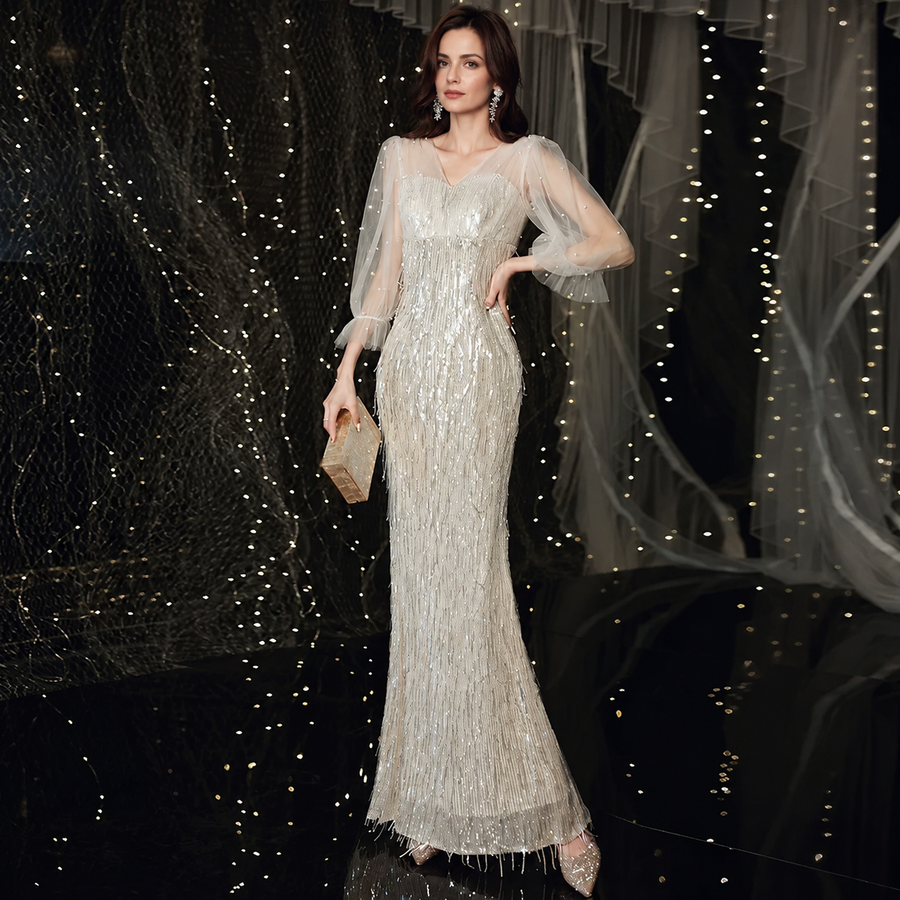 Sequin Fringe Evening Dress with Sheer Sleeves