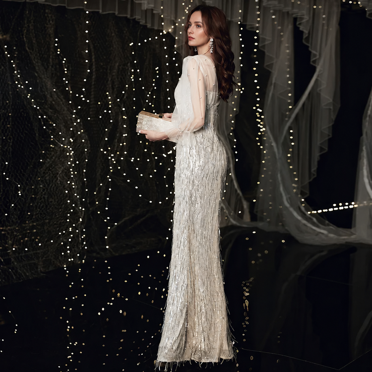 Sequin Fringe Evening Dress with Sheer Sleeves — Gold — view 2