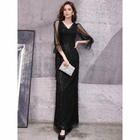 Sequin Fringe Evening Dress with Sheer Sleeves — Black — view 4