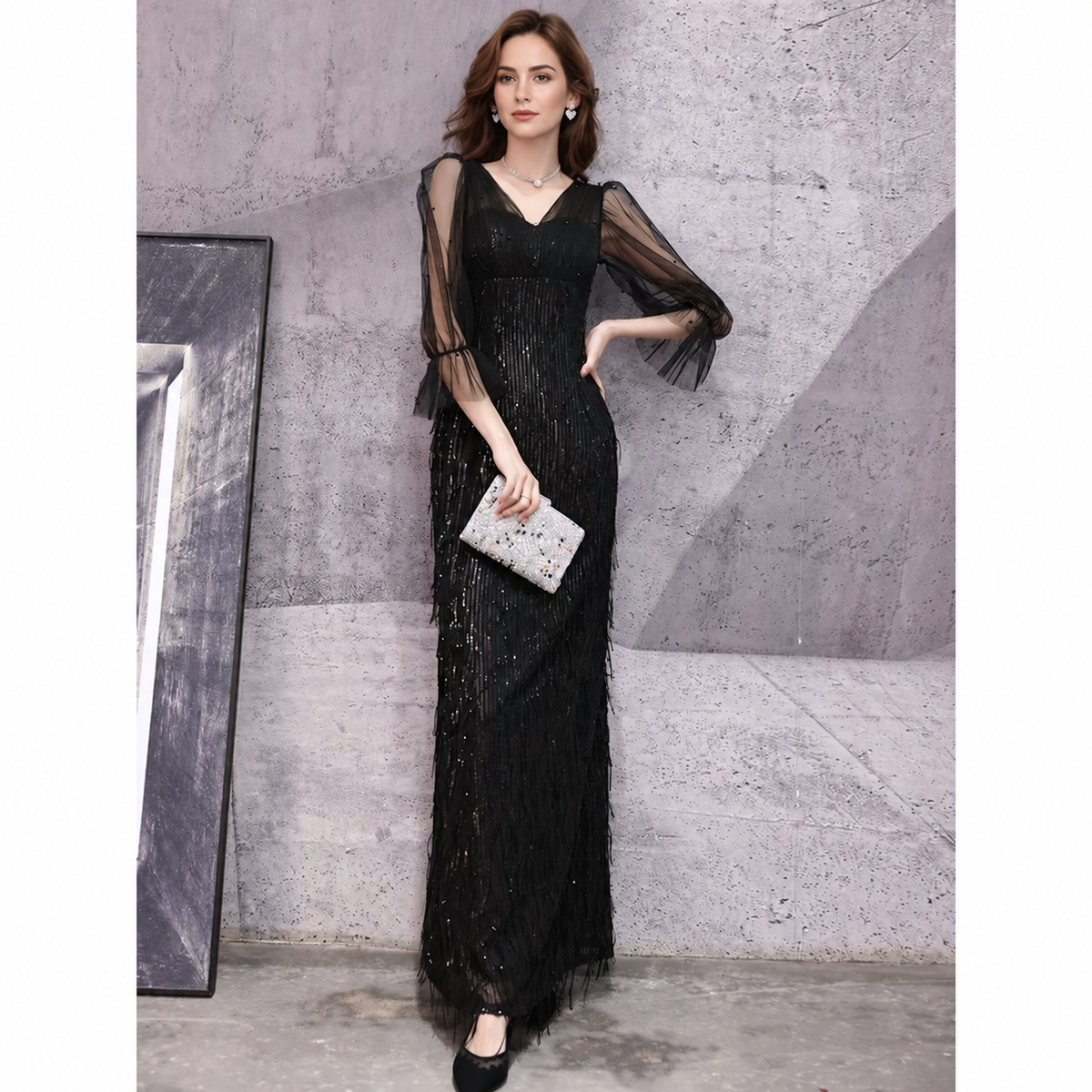 Sequin Fringe Evening Dress with Sheer Sleeves — Black — view 4