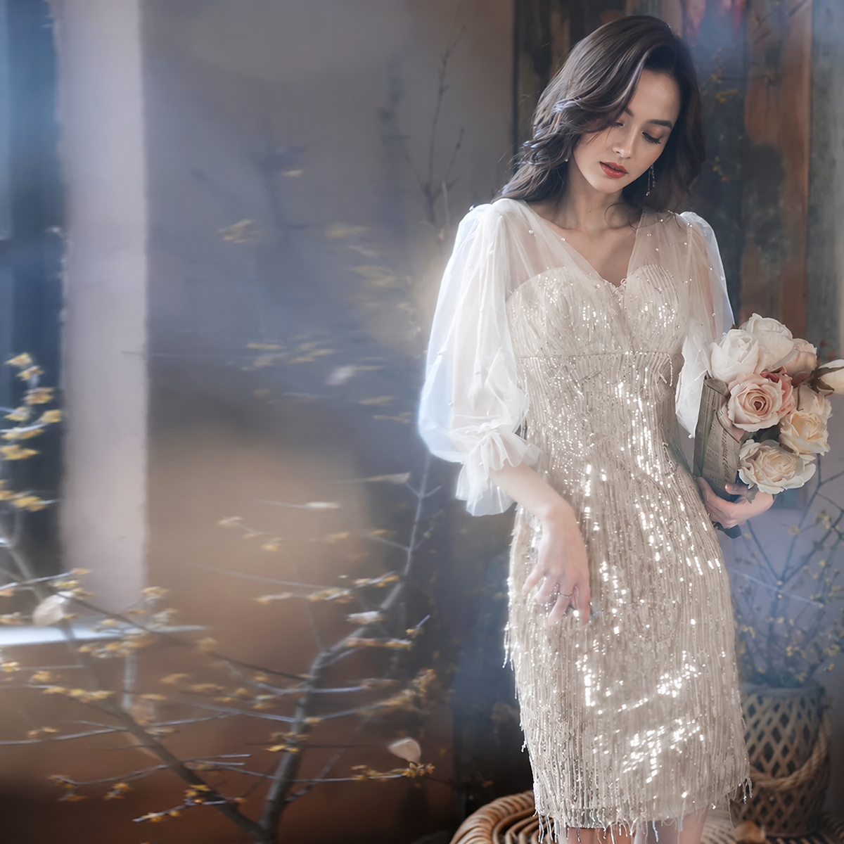 Sequin Fringe Evening Dress with Sheer Sleeves — Gold — view 5