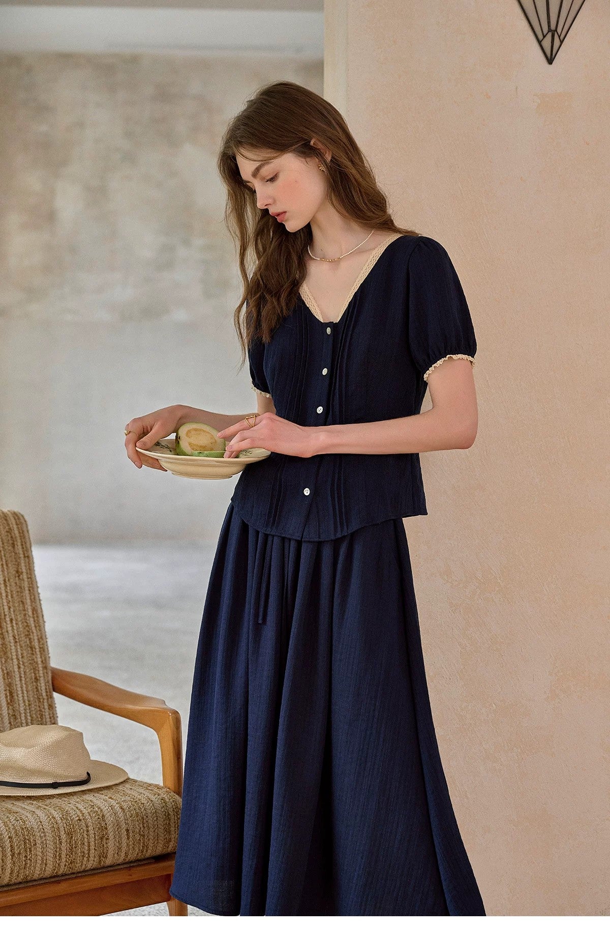Vintage Commute Women French Elegant V Neck Linen Two Piece Set Matching Cropped Top and Skirt Retro Temperament Outfit Daily Casual Linen Matching Set