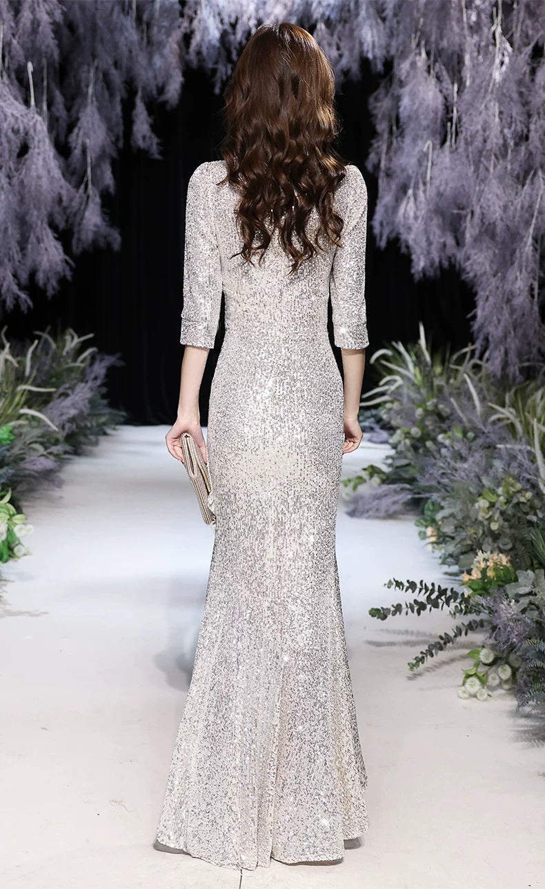 Silver V-Neck Sequin High-Low Mermaid Dress - garment detail